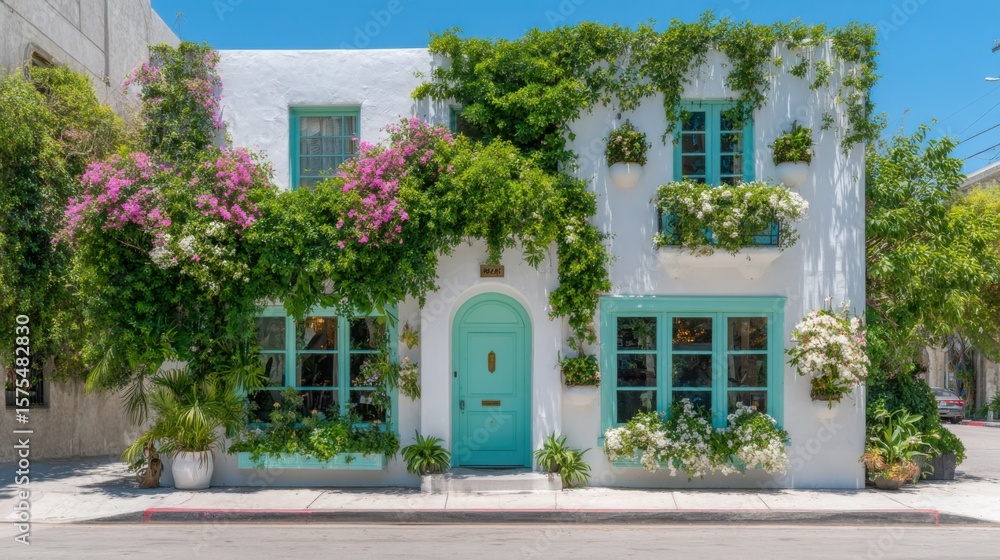 Obraz premium A house with a blue door and green trim