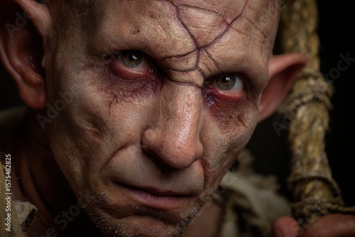 Intense closeup of a humanoid face with pronounced features and dark undereye circles displaying an unsettling expression