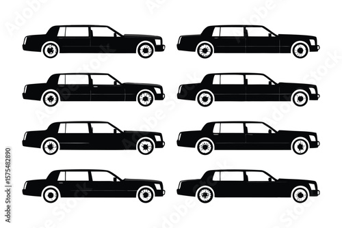Elegant Fleet: A captivating collection of black limousine silhouettes, symbolizing luxury and refined transportation options. Perfect for conveying prestige and sophisticated style.