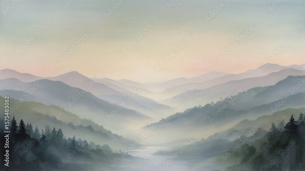 Fototapeta premium Abstract landscape painting in soft pastel tones depicting a foggy morning with delicate mountain silhouettes. Serene artwork perfect for modern interiors and wall décor.