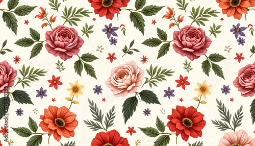 Floral pattern with roses and colorful flowers on white background