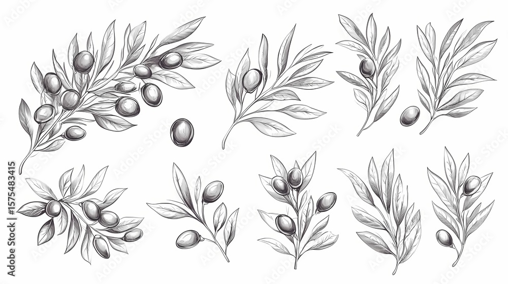 Detailed graphic illustrations of olive branches and leaves. Detailed graphic illustrations of olive branches and leaves.
