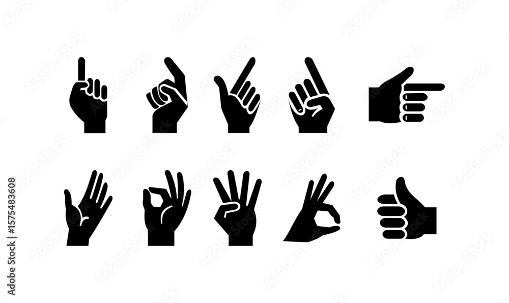Fototapeta premium hand gesture icons black silhouette set – thumbs up, ok sign, pointing