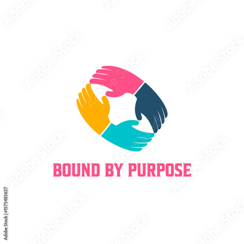 bound by purpose logo – colorful hands in unity circle representing collaboration, teamwork, diversity