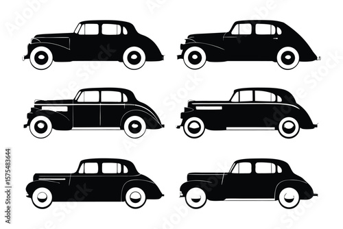 Classic Car Collection: An elegant display of six vintage cars, meticulously depicted in black, showcases the timeless allure of automotive history, perfect for a variety of design purposes.