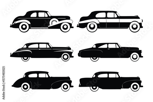 Vintage Car Silhouettes: A striking array of classic automobile silhouettes, rendered in elegant black and white, ideal for projects celebrating timeless transportation and design heritage.