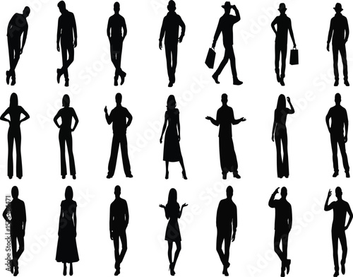 Silhouette collection of diverse people in various poses and stances isolated art