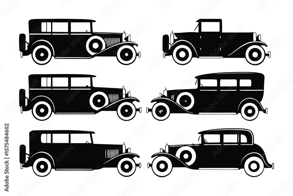 Fototapeta premium Vintage Car Silhouettes: A series of meticulously crafted silhouettes of classic automobiles, transporting viewers to an era of elegance and mechanical artistry.