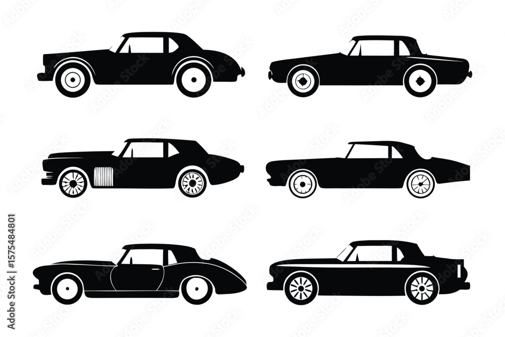 Naklejka premium Classic Car Silhouettes: A stylish collection of classic car silhouettes, perfect for automotive design projects or vintage-themed illustrations.