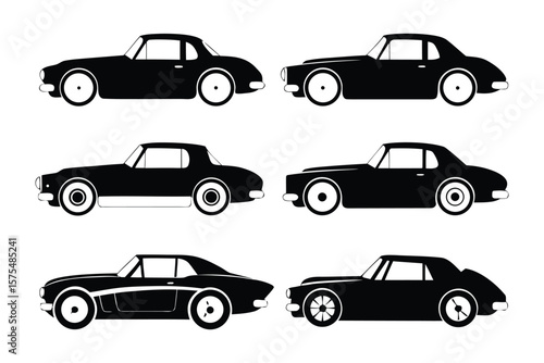 Silhouette of Classic Cars: A selection of vintage automobiles, meticulously rendered in sleek black, offer a timeless showcase of automotive elegance and design.