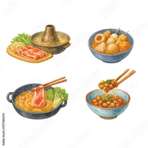 Watercolor Japanese Food Set Vol. 3—Shabu-shabu, Udon, Natto. Watercolor Illustration. Design Element. Clip art. Suitable for artwork design.