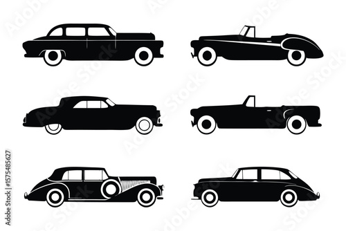 Vintage Car Collection: A monochrome collection of vintage car silhouettes, showcasing elegant designs from a bygone era. A visual ode to classic automotive craftsmanship.