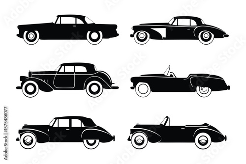 Vintage Car Silhouettes: An elegant assembly of classic car silhouettes, expertly rendered in a clean, timeless style, perfect for design projects.