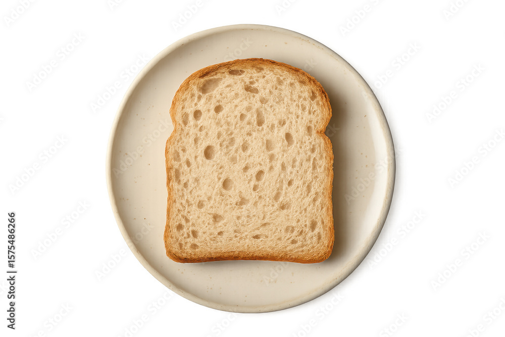 Toasted white bread slice resting on small round plate, crisp surface gleaming against clean transparent background Toasted white bread slice resting on small round plate, crisp surface gleaming against clean transparent background