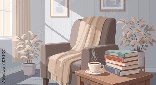 Cozy living room scene with armchair, books, warm blanket, and coffee.