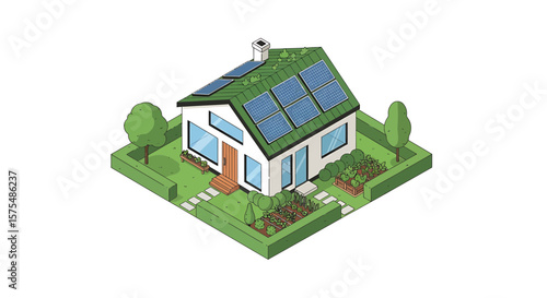 Isometric illustration of a house with solar panels on the roof, surrounded by a garden and trees.