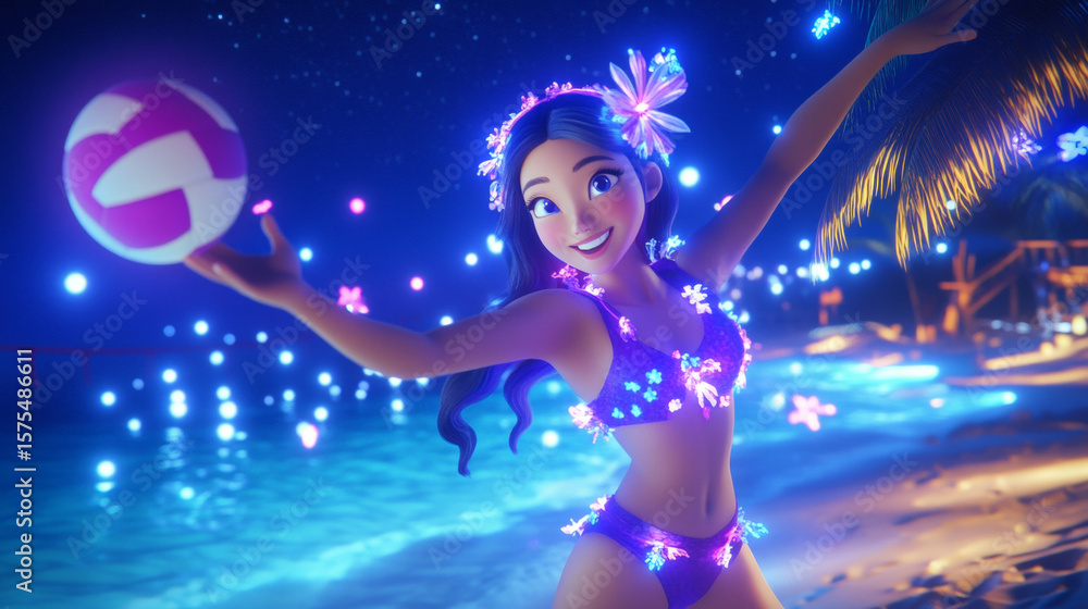 Obraz premium Beachside Nighttime Joy with Sparkling Lights and Volleyball Play