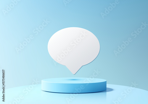 3d light blue podium with floating speech bubble for product display and minimal mockup scene design in modern gradient background style