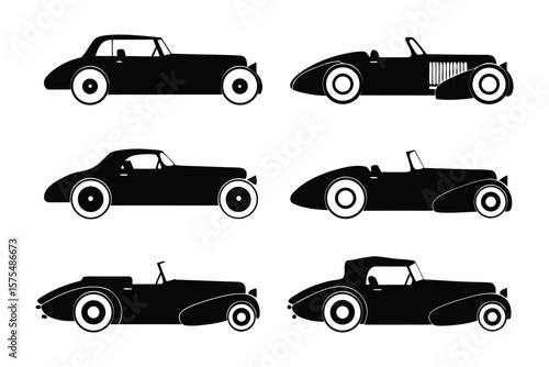 Classic Car Collection: A collection of six vintage classic cars presented in sleek black silhouettes, evoking nostalgia and the timeless appeal of automotive design.