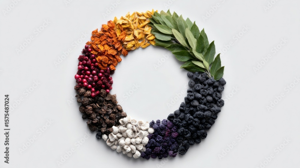 Obraz premium A colorful circle of food items, including berries, nuts, and leaves
