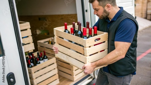 A man carries a wooden box with wine bottles. The scene illustrates the delivery of alcohol from a wine store. The concept of logistics, gastronomy and online trade.