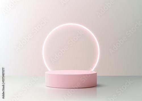 pastel pink podium with glowing neon ring for product display mockup minimal background modern composition isolated 3d render clean gradient showroom design
