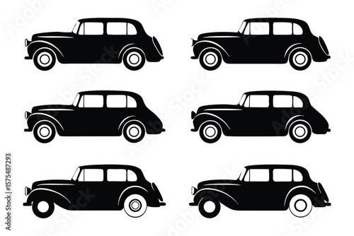 Vintage Vehicle Collection: Set of six elegant vintage vehicles displayed in a stylized and minimalist presentation. capturing the classic appeal and timeless charm