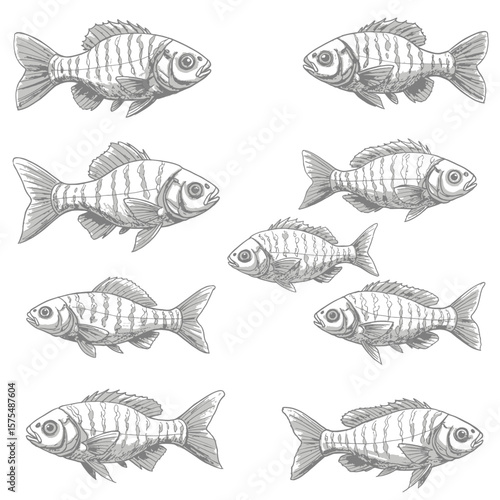 Set of Hand Drawn Striped Fish Illustrations, Vintage Engraved Style Aquatic Animals Vector Art
