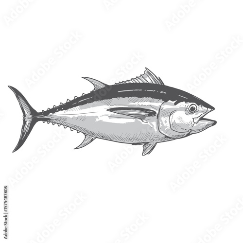 A detailed tuna fish drawing illustrates the sleek body shape and fin details accurately. The line art, set against a white background, is suitable for marine life sketches and educational uses