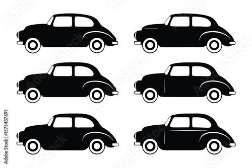 Classic Car Silhouettes: A set of six classic car silhouettes, showcasing various angles and perspectives, perfect for design projects or nostalgic themes.