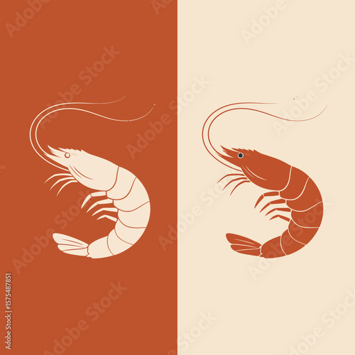 Two Stylized Shrimp Illustrations in Terracotta and Cream Colors