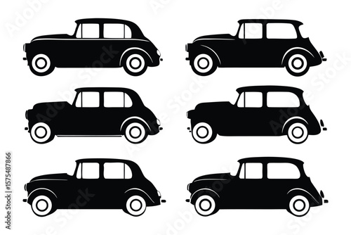 Vintage Vehicle Silhouettes: A collection of sleek, black silhouettes showcases classic vintage automobiles, capturing the essence of timeless design, transportation, and nostalgia.