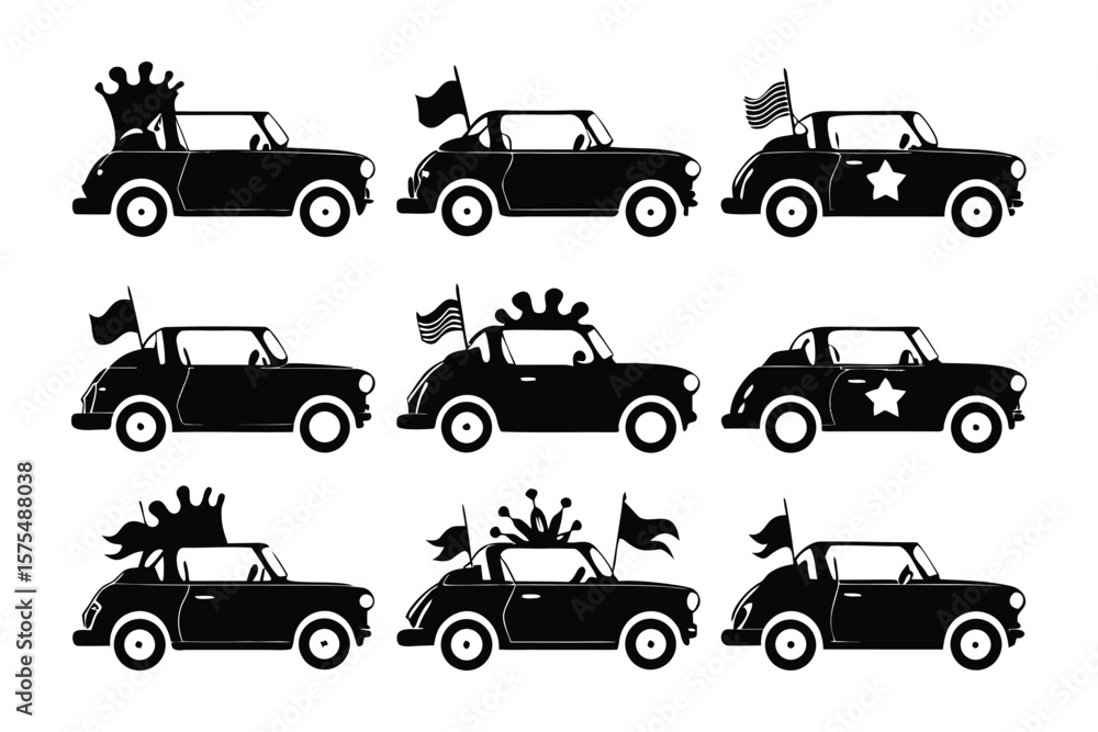 Fototapeta premium Vintage Car Silhouettes Collection: An array of classic car silhouettes, meticulously adorned with flags and crowns, offers a glimpse into a world of nostalgia and celebratory spirit.