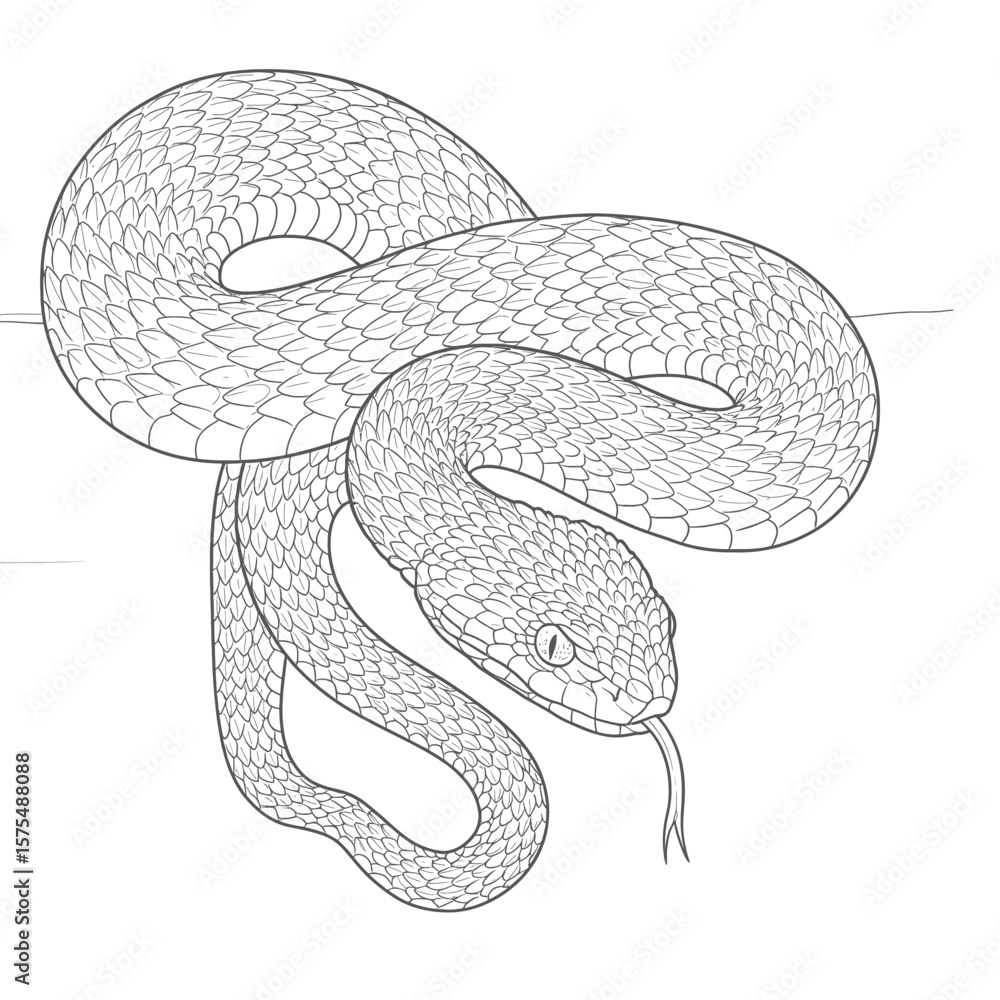 Obraz premium An intricate snake drawing highlights detailed scales on a white background. The coiled reptile is depicted with fine linework, suitable for wildlife illustration and educational purposes