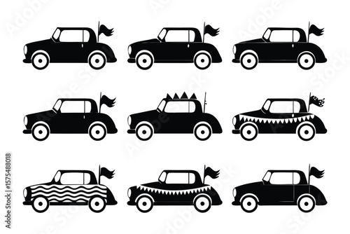 Elegant Classic Cars Array: A stylish illustration presenting a fleet of classic cars, showcasing a variety of sleek designs. This compilation of silhouettes provides a peek into automotive elegance.