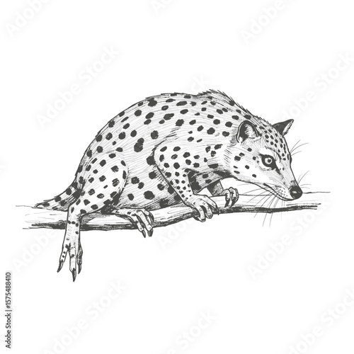 A detailed pencil sketch of a spotted mammal climbing along a textured surface. The animal's distinctive spots and agile posture are intricately drawn, set in a forest wildlife scene.