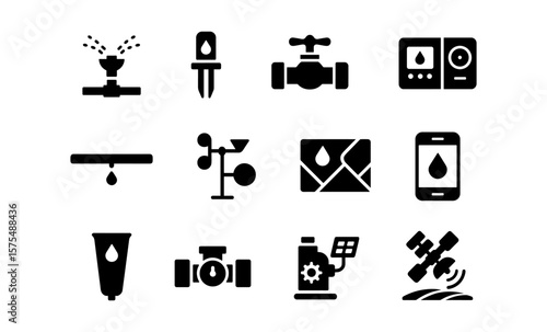 Smart agriculture icons: irrigation, weather, and monitoring in silhouette style