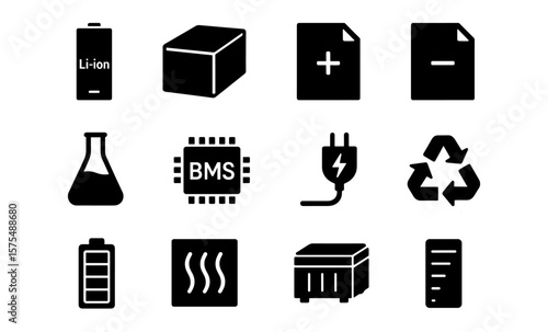 Battery components icons: lithium, solid-state, fast charge, recycling