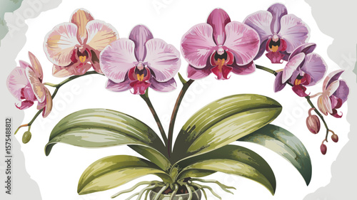 Artistic Rendering of Pink and Peach Orchid Flowers with Green Leaves on White Background