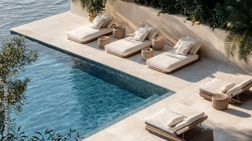 Elegant pool side relaxation area with sun loungers and turquoise water