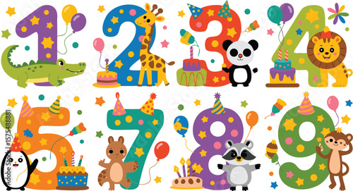 Cartoon Animals with Numbers One Through Nine Representing Age for Children's Birthday Cards