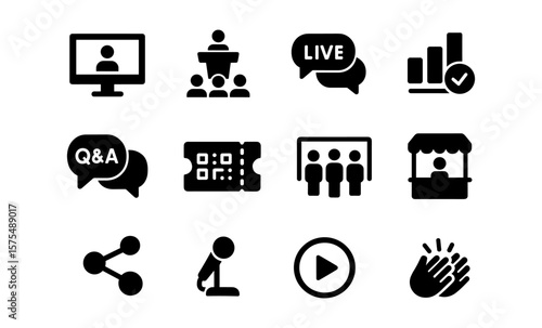 Essential black icons for webinar and virtual event tools