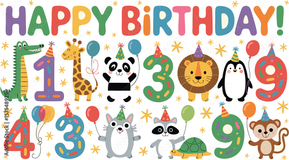 Fototapeta premium Playful Happy Birthday Design with Cartoon Animals and Numbers for Children's Celebrations