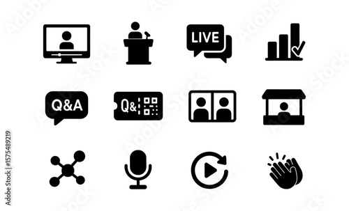 Virtual event icons: webinar, keynote, live chat, and more