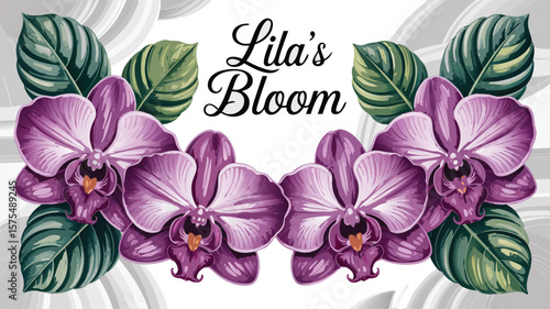 Lila's Bloom Illustrated Purple Orchid Flowers with Green Leaves Against a White Background Design