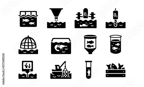 Aquaculture icons set: black silhouette designs of fish farming elements