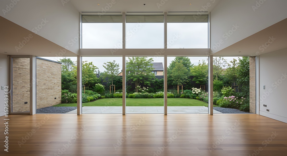 Fototapeta premium Large open concept living room with multiple expansive windows with view to garden landscaping.