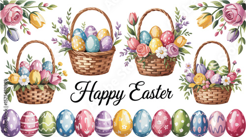 Watercolor Easter Eggs in Baskets with Floral Accents and Happy Easter Greeting Illustration