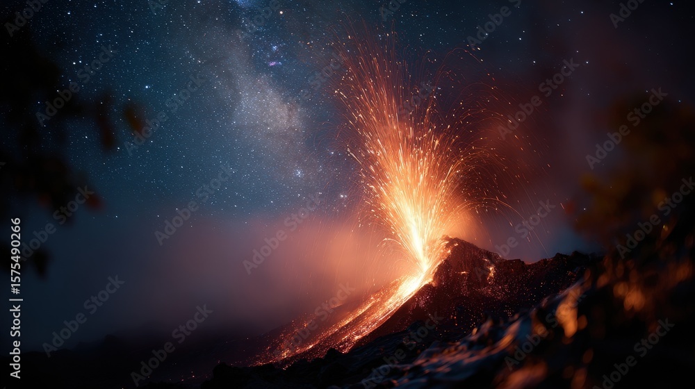 Obraz premium Volcanic Eruption at Night Under Starry Sky