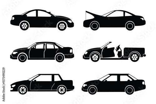 Streamlined Car Silhouette: A minimalist collection of sleek black car silhouettes against a simple background, ideal for design projects. Showcasing the various design aspects of car body style